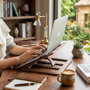 Adjustable Wooden Laptop Stand for Desk, Ergonomic Notebook Riser, Portable Folding Computer Holder