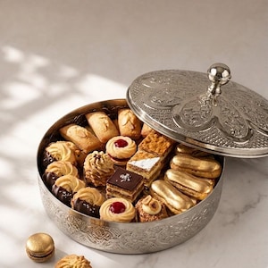 May include: A round, silver-toned metal container with an ornate, embossed lid, filled with an assortment of pastries including chocolate-dipped cookies, gold-glazed eclairs, layered cakes, and jam-topped biscuits, with two additional cookies nearby.