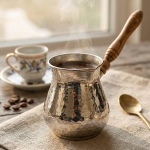 Zazwa Turkse koperen koffiepot, 6 kopjes | Traditioneel gehamerd of gebeiteld | Oosterse koffiepot met houten handvat | Koffiecadeau-idee