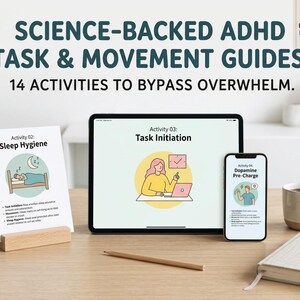 May include: An image showing a digital download bundle with the text "Science-Backed ADHD Task & Movement Guides." The image includes a tablet, smartphone, and printed cards displaying activity guides. A cup of coffee and a notebook are also visible.