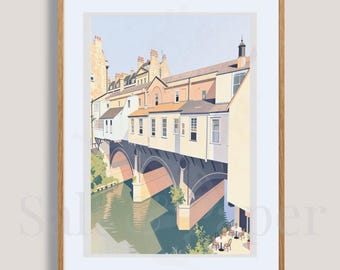 Lámina del puente Pulteney de Bath, ilustración del río Avon, póster de arquitectura británica, cuadro mural de paisaje urbano en tonos pastel.