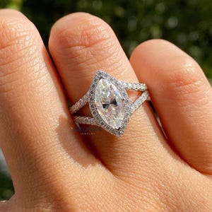 Marquise Lab Zuchtdiamant Verlobungsring, Ehering mit geteiltem Schaft, Halo Ehering 14K Weißgold, Vintage Style Ring, Marquise Diamant Jahrestagsgeschenk