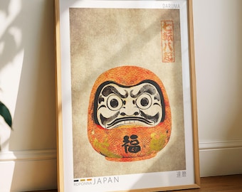 Vintage Japanese Daruma Poster | Bold Statement Wall Art | Warm Orange Ink Decor | Eye Catching Japanese Print | Unique Wall Art