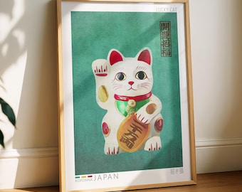 Maneki Neko Poster | Celadon Green Lucky Cat Wall Art | Japandi Japanese Decor | Living Room Entryway | Digital Download Multiple Sizes