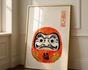 Daruma Wall Art, Vermilion Red Japanese Poster, Good Luck Japandi Print, Zen Wabi Sabi Decor, Printable Art, Instant Download