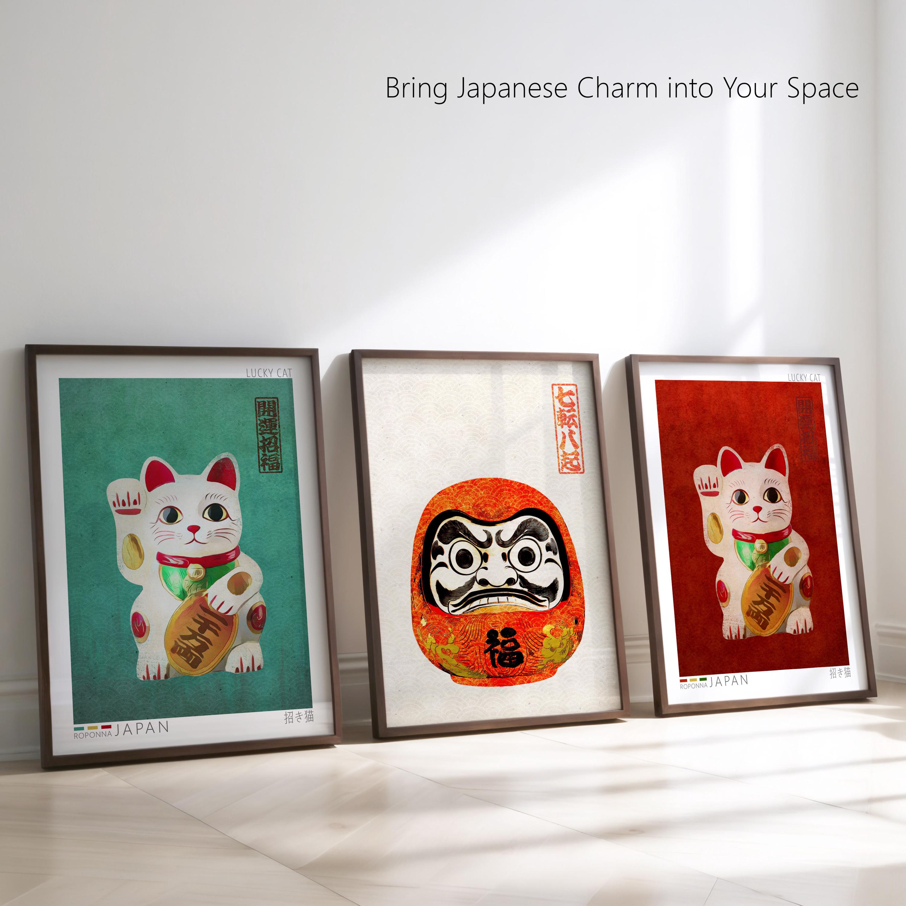 Maneki Neko Poster | Celadon Green Lucky Cat Wall Art | Japandi ...
