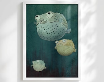Quiet Fugu – Deep Teal Japanese Fish Wall Art, Pufferfish Poster, Ocean Animal Art Print, Japandi Decor, Kawaii Wall Art, Digital Download
