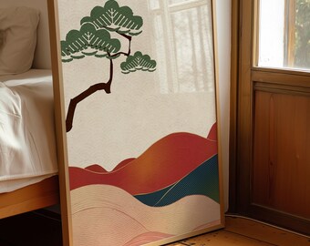 Japanese Pine Tree Wall Art, Japandi Minimal Poster, Zen Decor, Wabi Sabi Art Print, Printable Download, Japanese Lucky Wall Art