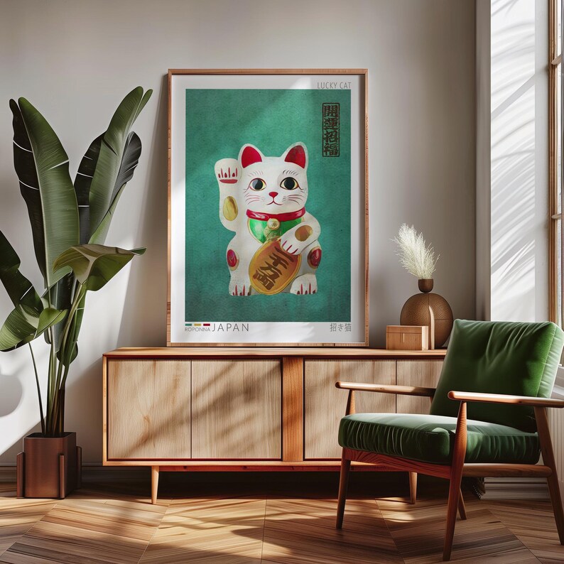 Maneki Neko Poster | Celadon Green Lucky Cat Wall Art | Japandi ...