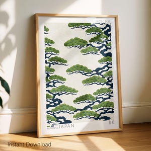 Japanese Pine Art Print | Indigo Pine | Japandi Poster | Japanese Wall Decor | Seigaiha | White Navy Green  Digital Download  Multiple Sizes