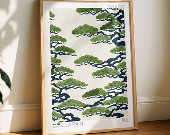 Japanese Pine Art Print | Indigo Pine | Japandi Poster | Japanese Wall Decor | Seigaiha | White Navy Green  Digital Download  Multiple Sizes