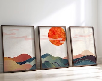 Hinode Trilogy – Japanese Linear Landscape Art, Japandi Zen Wall Decor Set