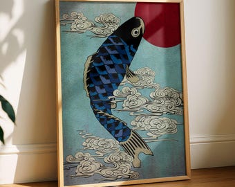 Japanese Koi Poster | Rising Koi Wall Art | Ukiyo-e Inspired Art Print | Symbol of Success | Japandi Decor | Digital Download