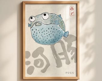 Fugu Pufferfish Wall Art | Japanese Fish Poster | Japandi Decor | Minimalist Coastal Art Print | Digital Download