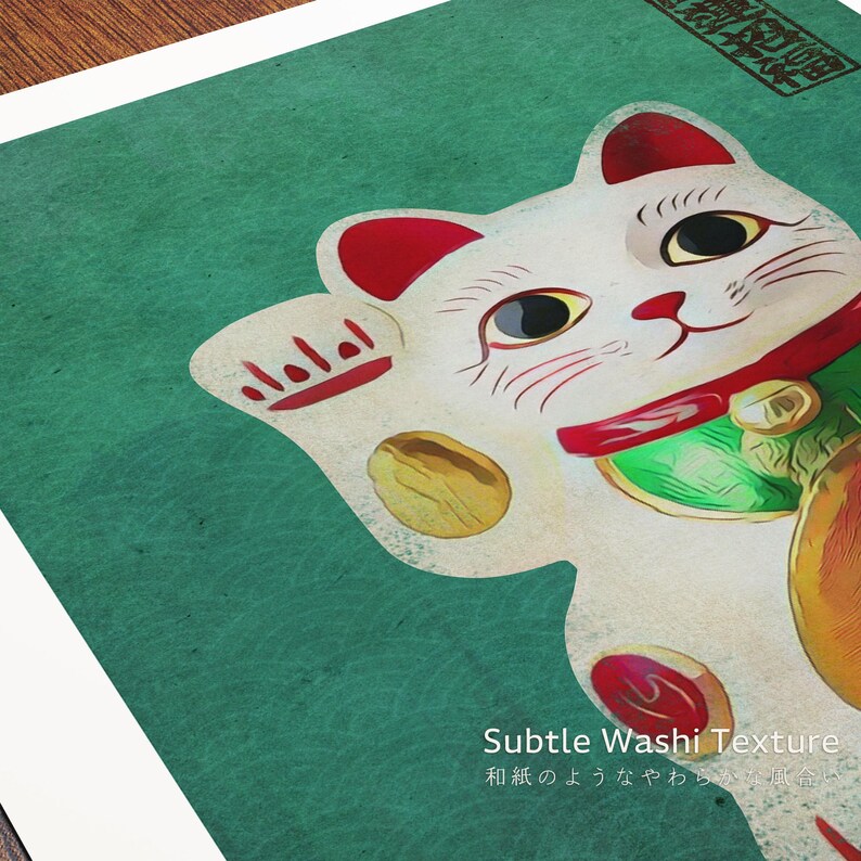 Maneki Neko Poster | Celadon Green Lucky Cat Wall Art | Japandi ...