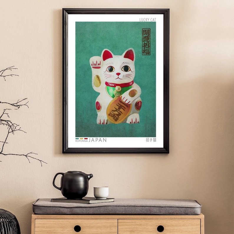 Maneki Neko Poster | Celadon Green Lucky Cat Wall Art | Japandi ...