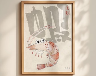 Ebi Shrimp Poster | Japanese Sea Creature Wall Art | Japandi Decor | Minimalist Coastal Art Print | Digital Download