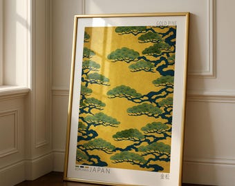 Gold Pine Japanese Wall Art Print | Japandi Decor | Luxury Gold Wall Art | Zen Minimalist Interior | Statement Poster | Digital Download