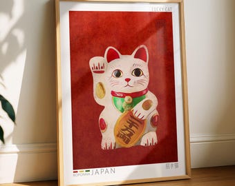 Maneki Neko Poster, Japanese Lucky Cat Wall Art, Vermilion Red Print, Printable Art, Instant Download, Multiple Sizes