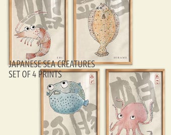 Japanese Sea Creatures Set of 4 Prints | Japandi Wall Art Set | Japanese Fish Poster Collection | Digital Download
