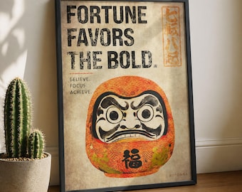 Bold Daruma Poster | Vintage Japanese Luck Wall Art | Statement Wall Art | Orange Ink Decor | Eye Catching Print | Unique Wall Decor