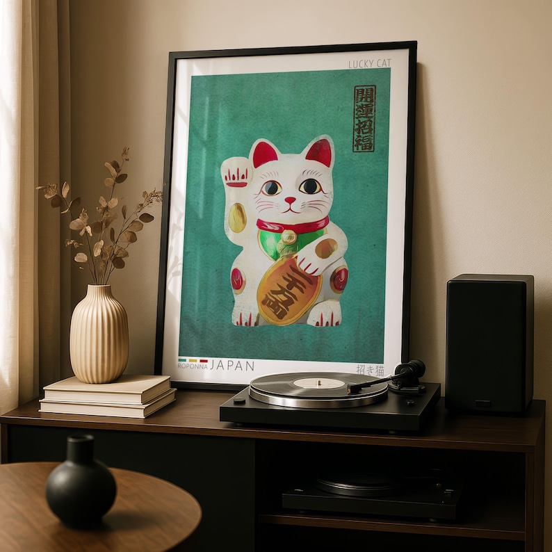 Maneki Neko Poster | Celadon Green Lucky Cat Wall Art | Japandi ...