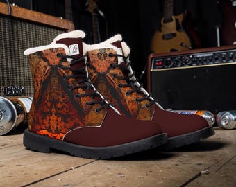 Rustic Leather & Fur Mens Winter Ankle Boots | Burnt Orange Abstract Print