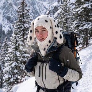 May include: A person wearing a white knit balaclava with black spots, resembling a Dalmatian dog. The person is wearing a winter jacket, gloves, and a backpack, standing in a snowy mountain landscape with evergreen trees.