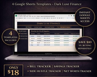 ダークリュクス・ファイナンス・バンドル｜Googleスプレッドシートテンプレート4種類｜請求書トラッカー＋貯蓄トラッカー＋副業＋純資産トラッカー