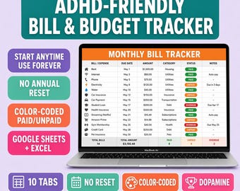 ADHD対応の請求書＆予算トラッカー（Googleスプレッドシート、Excel形式）｜年間リセット不要｜請求書トラッカースプレッドシート｜予算プランナー（ADHD対応）