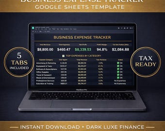 ビジネス経費トラッカー Google スプレッドシート テンプレート | 中小企業の収入と支出ログ | 税控除トラッカー | ダーク リュクス