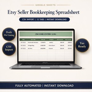 Könnte beinhalten: Ein Laptop zeigt eine Etsy Seller Buchhaltungs-Tabelle mit einem Einnahmenprotokoll. Der Bildschirm zeigt Daten für handgefertigte Halsketten, Vintage-Tassen und Kunstdrucke. Der Text "CSV Import | 12 Tabs | Instant Download" ist enthalten.