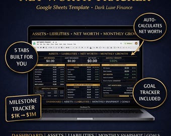 純資産トラッカー（Googleスプレッドシート）｜資産と負債｜月次概要｜財務目標｜ダークリュクスファイナンステンプレート