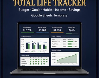 Total Life Tracker Google Sheets Template | Budget, Goals, Habits, Income & Savings | 50/30/20 Budget Planner