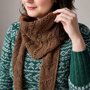 May include: A brown knitted scarf featuring a delicate lace pattern with vertical eyelet columns and a soft texture. The scarf is draped around the neck, showcasing its intricate openwork design and consistent yarn weight throughout the piece.
