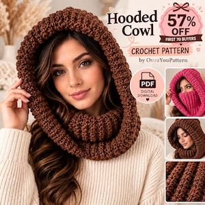Könnte beinhalten: Eine braune Häkelanleitung für eine Kapuzen-Cowl mit dicker, gerippter Textur. Der digitale Download enthält den Text Hooded Cowl, Crochet Pattern by OuzaYouPattern und PDF Digital Download. Weitere Bilder zeigen eine rosa Version.