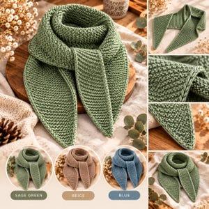 May include: A sage green triangular knit scarf featuring a textured garter stitch pattern with tapered ends. The scarf is shown in multiple views and includes color options in sage green, beige, and blue with labels for each color.