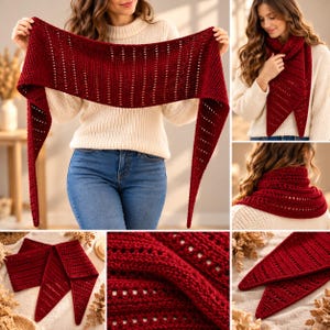 May include: A deep red triangular crochet scarf featuring a textured ribbed pattern with alternating rows of openwork stitches. The scarf has long, tapered ends and is shown draped around the neck and held out to display its full length and design.