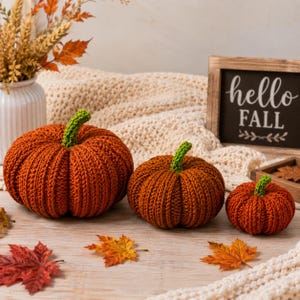 May include: Three handmade crochet pumpkins in varying sizes, each featuring a textured burnt orange body and a small green stem. The pumpkins are arranged in a row, showcasing a ribbed knit pattern throughout the surface of each round object.