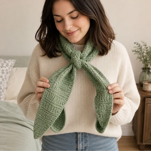 May include: A sage green knitted scarf featuring a textured ribbed pattern, tied in a simple knot around the neck. The scarf is crafted from yarn with a visible knit structure, showcasing a consistent stitch pattern throughout the length of the accessory.