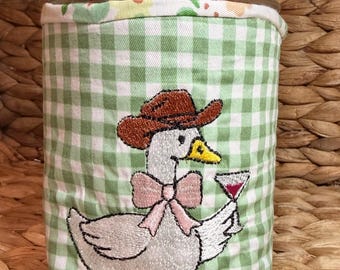 Handmade Reusable Mason Jar Cozy, Cottage Core Embroidered Goose Sleeve, Iced Drink Wraps