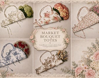 Handmade Floral Bouquet Bag, Vintage Cotton Flower Carrier, Farmers Market Tote