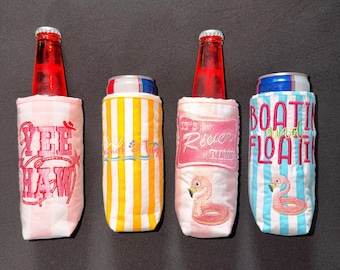 Handmade Slim Can & Bottled Beer Hugger Embroidered Reusable Beverage Holder