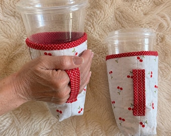 Reusable Sip Sleeve 12-22oz, Quilted Cotton Cup Cozy with Handle, Iced or Hot Coffee Drink Holder
