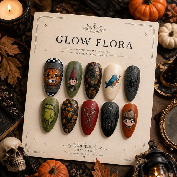 Over The Garden Wall Press On Nails, Hand Painted Frog and Pumpkin False Nails, Vintage Forest and Bird Gel Nails, Animation Aesthetic Set