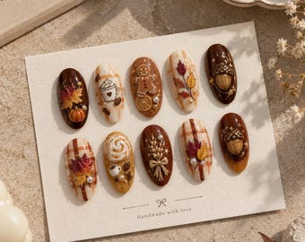 Autumn Press On Nails, Cozy Fall Gel Nails, Fall Spice Press-Ons, Brown & Cream Plaid Nails, Unique Gift for Fall Lover
