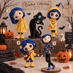 May include: Five crochet dolls and a black cat figure arranged with Halloween decor. The collection includes characters with blue hair, yellow raincoats, and star-patterned sweaters, alongside pumpkins, lanterns, and signs reading Crochet Collection.