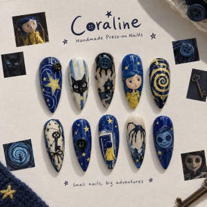 May include: A set of ten almond-shaped press-on nails featuring Coraline-themed artwork, including a yellow raincoat, black cat, button eyes, stars, and keys. The text reads Coraline Handmade Press-on Nails and Small nails, big adventures.