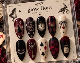 Dark Alice in Wonderland Press On Nails, Cheshire Cat & Pocket Watch Nail Art, Unique Gift for Book Lover, Gothic Burgundy Black Nails Set