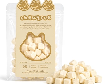 Petiscos ChewTrue de leite de cabra liofilizado, com cálcio probiótico natural, baixo teor de lactose, fácil digestão, ideais para cães e gatos.